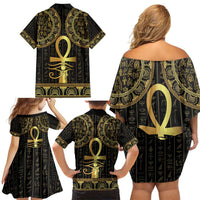 Ancient Egypt Ankh and Eye Of Horus Family Matching Off Shoulder Short Dress and Hawaiian Shirt Egyptian Hieroglyphs - Wonder Print Shop