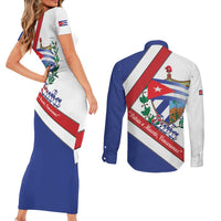Cuba Independence Day Couples Matching Short Sleeve Bodycon Dress and Long Sleeve Button Shirt Patria o Muerte Venceremos Curve Flag Style - Wonder Print Shop