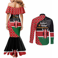 Kenya Jamhuri Day Couples Matching Mermaid Dress and Long Sleeve Button Shirt One People One Nation Massai Shuka Pattern - Wonder Print Shop
