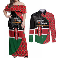 Kenya Jamhuri Day Couples Matching Off Shoulder Maxi Dress and Long Sleeve Button Shirt One People One Nation Massai Shuka Pattern - Wonder Print Shop