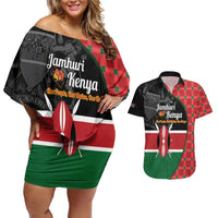 Kenya Jamhuri Day Couples Matching Off Shoulder Short Dress and Hawaiian Shirt One People One Nation Massai Shuka Pattern - Wonder Print Shop