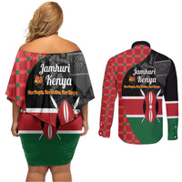 Kenya Jamhuri Day Couples Matching Off Shoulder Short Dress and Long Sleeve Button Shirt One People One Nation Massai Shuka Pattern - Wonder Print Shop