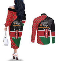 Kenya Jamhuri Day Couples Matching Off The Shoulder Long Sleeve Dress and Long Sleeve Button Shirt One People One Nation Massai Shuka Pattern - Wonder Print Shop