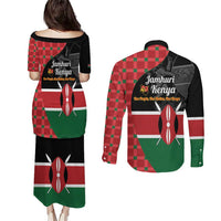 Kenya Jamhuri Day Couples Matching Puletasi and Long Sleeve Button Shirt One People One Nation Massai Shuka Pattern - Wonder Print Shop