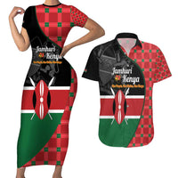 Kenya Jamhuri Day Couples Matching Short Sleeve Bodycon Dress and Hawaiian Shirt One People One Nation Massai Shuka Pattern - Wonder Print Shop