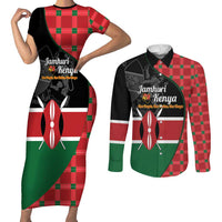 Kenya Jamhuri Day Couples Matching Short Sleeve Bodycon Dress and Long Sleeve Button Shirt One People One Nation Massai Shuka Pattern - Wonder Print Shop