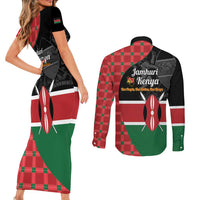 Kenya Jamhuri Day Couples Matching Short Sleeve Bodycon Dress and Long Sleeve Button Shirt One People One Nation Massai Shuka Pattern - Wonder Print Shop