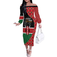 Kenya Jamhuri Day Family Matching Off The Shoulder Long Sleeve Dress and Hawaiian Shirt One People One Nation Massai Shuka Pattern - Wonder Print Shop