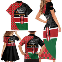 Kenya Jamhuri Day Family Matching Short Sleeve Bodycon Dress and Hawaiian Shirt One People One Nation Massai Shuka Pattern - Wonder Print Shop