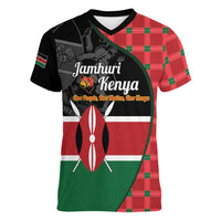 Kenya Jamhuri Day Women V-Neck T-Shirt One People One Nation Massai Shuka Pattern - Wonder Print Shop