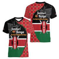 Kenya Jamhuri Day Women V-Neck T-Shirt One People One Nation Massai Shuka Pattern - Wonder Print Shop