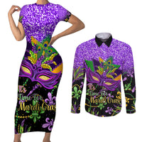 Personalised Mardi Gras Couples Matching Short Sleeve Bodycon Dress and Long Sleeve Button Shirt Carnival Mask Happy Fat Tuesday - Wonder Print Shop