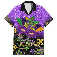 Purple Mardi Gras Hawaiian shirt with glitter print, mask design and feather motifs
