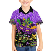 Kids purple Mardi Gras Hawaiian shirt with glitter print and front mask festival text