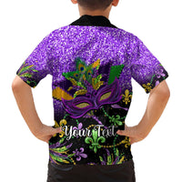 Purple Mardi Gras Hawaiian shirt back with glitter print, mask art and 'Your Text'