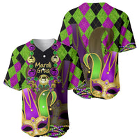 Mardi Gras 2024 Baseball Jersey Jester Mask With Beads Colorful Version - Wonder Print Shop