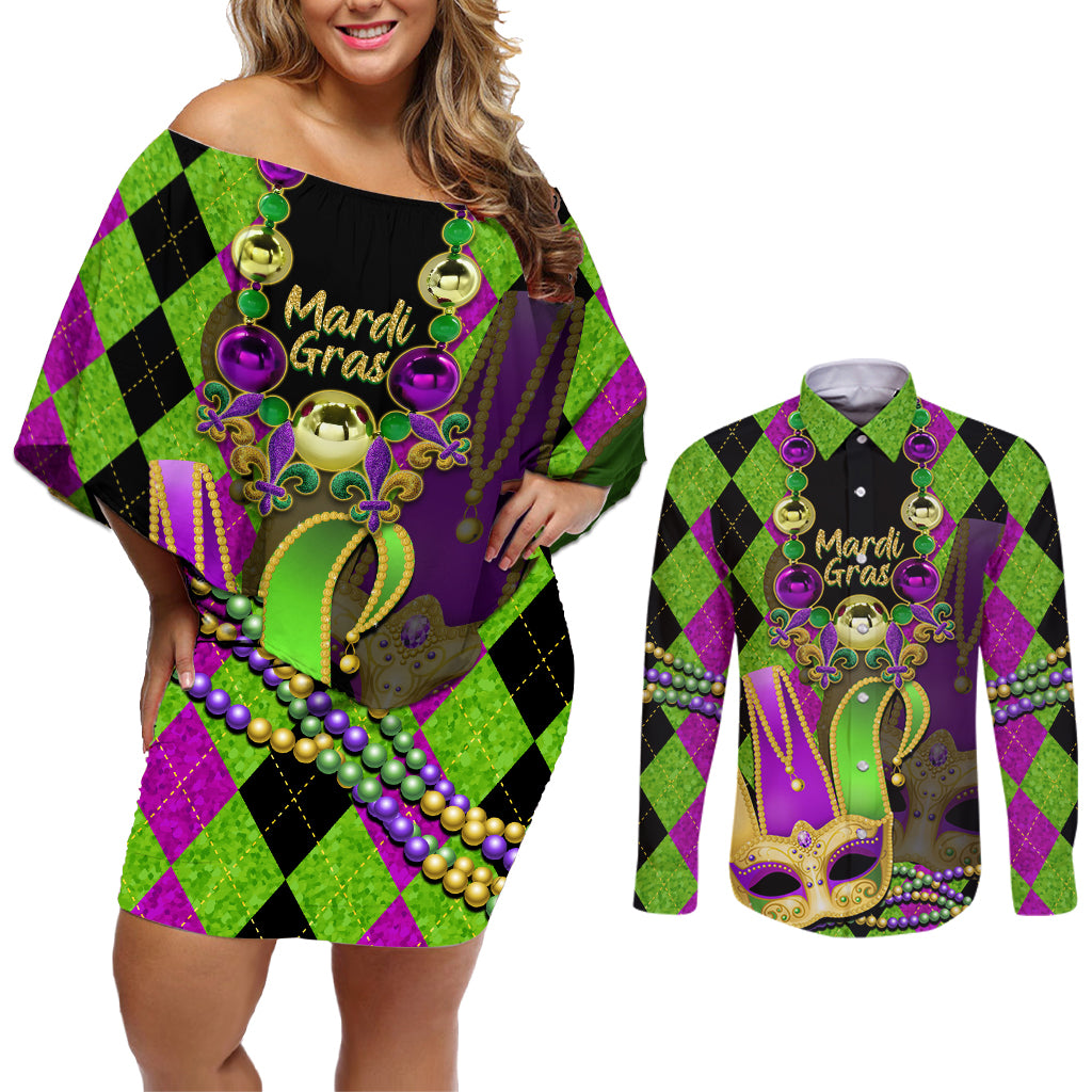mardi-gras-2024-couples-matching-off-shoulder-short-dress-and-long-sleeve-button-shirt-jester-mask-with-beads-colorful-version