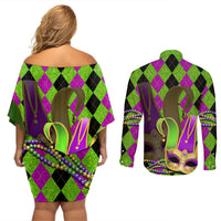 Mardi Gras 2024 Couples Matching Off Shoulder Short Dress and Long Sleeve Button Shirt Jester Mask With Beads Colorful Version - Wonder Print Shop