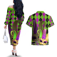 Mardi Gras 2024 Couples Matching Off The Shoulder Long Sleeve Dress and Hawaiian Shirt Jester Mask With Beads Colorful Version - Wonder Print Shop