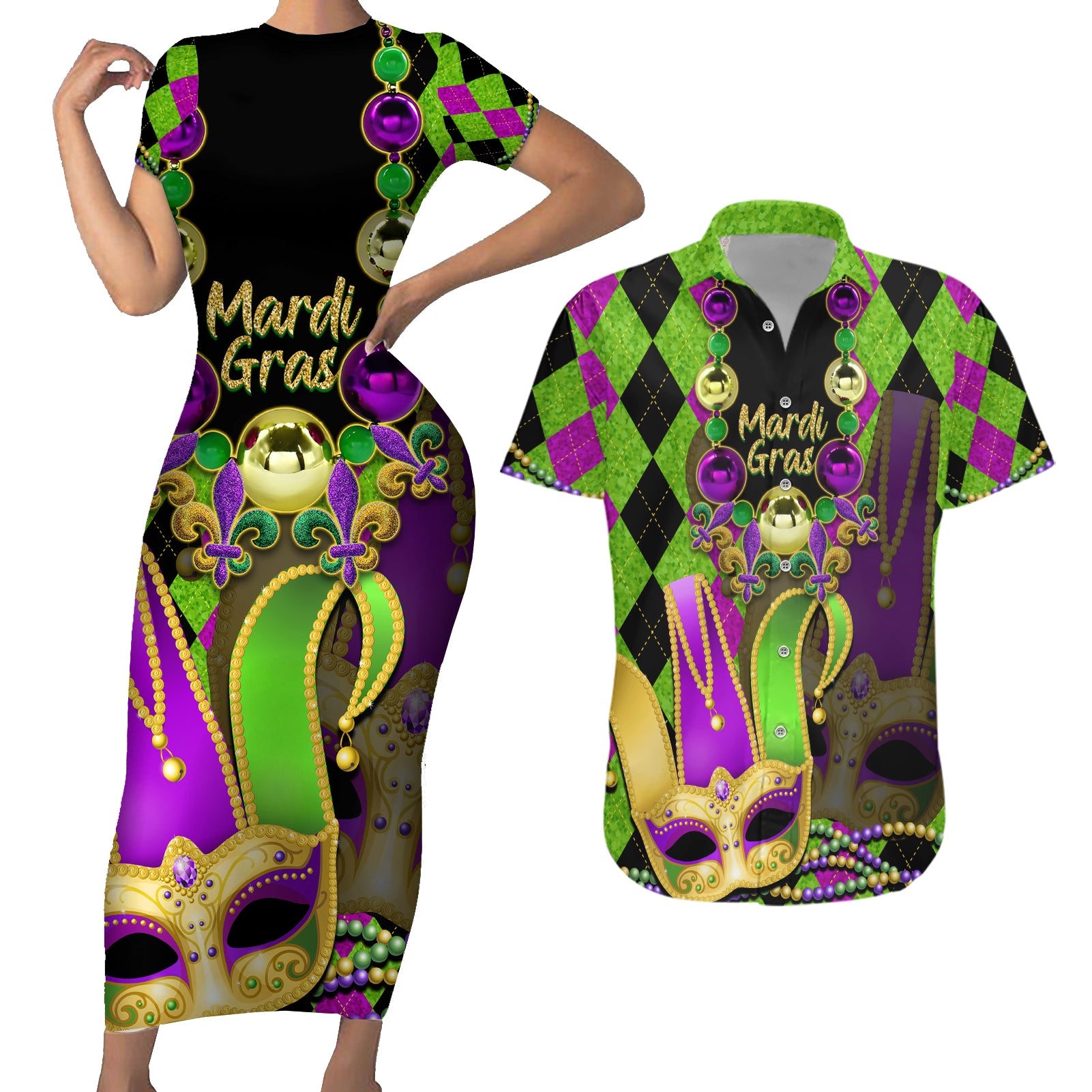 mardi-gras-2024-couples-matching-short-sleeve-bodycon-dress-and-hawaiian-shirt-jester-mask-with-beads-colorful-version