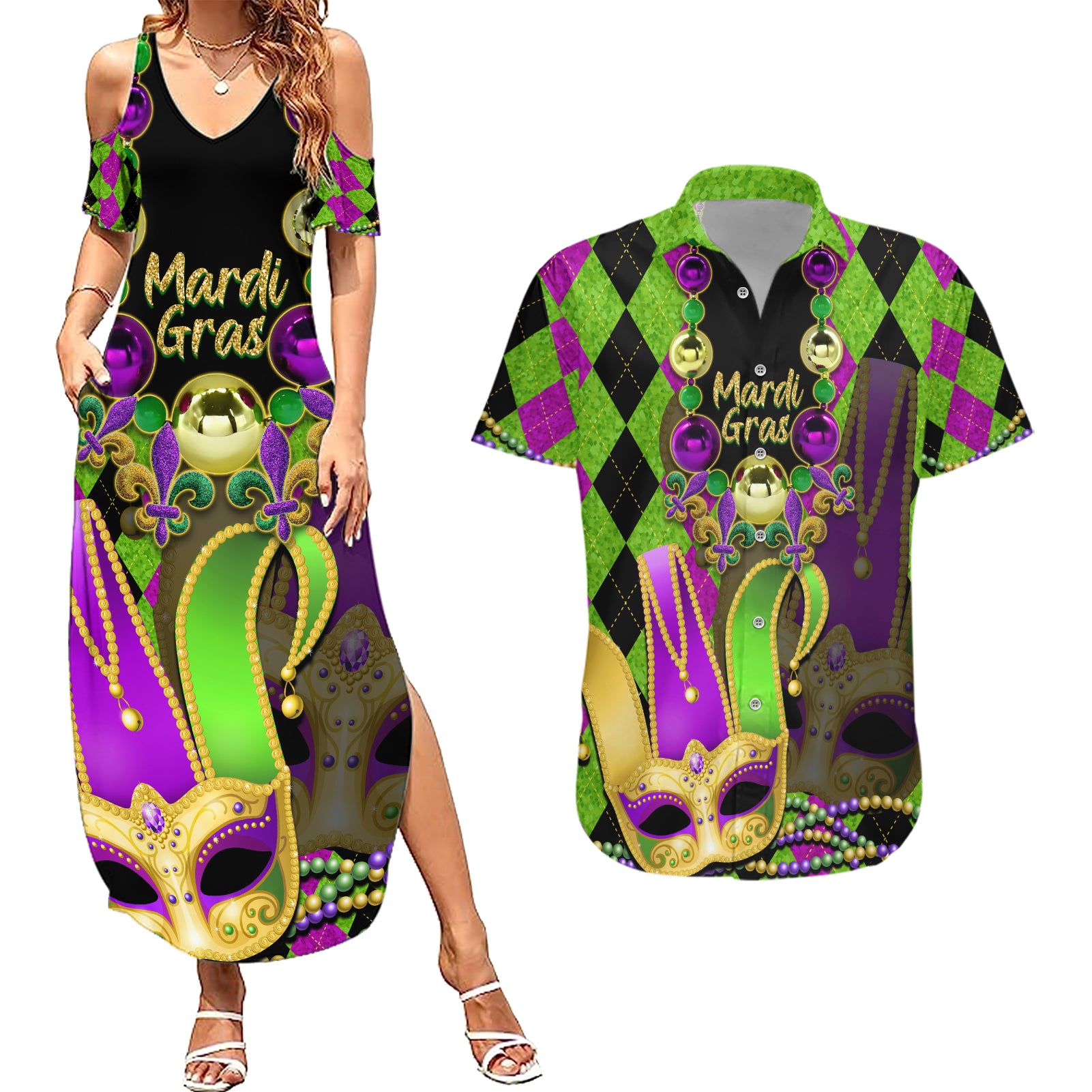 mardi-gras-2024-couples-matching-summer-maxi-dress-and-hawaiian-shirt-jester-mask-with-beads-colorful-version