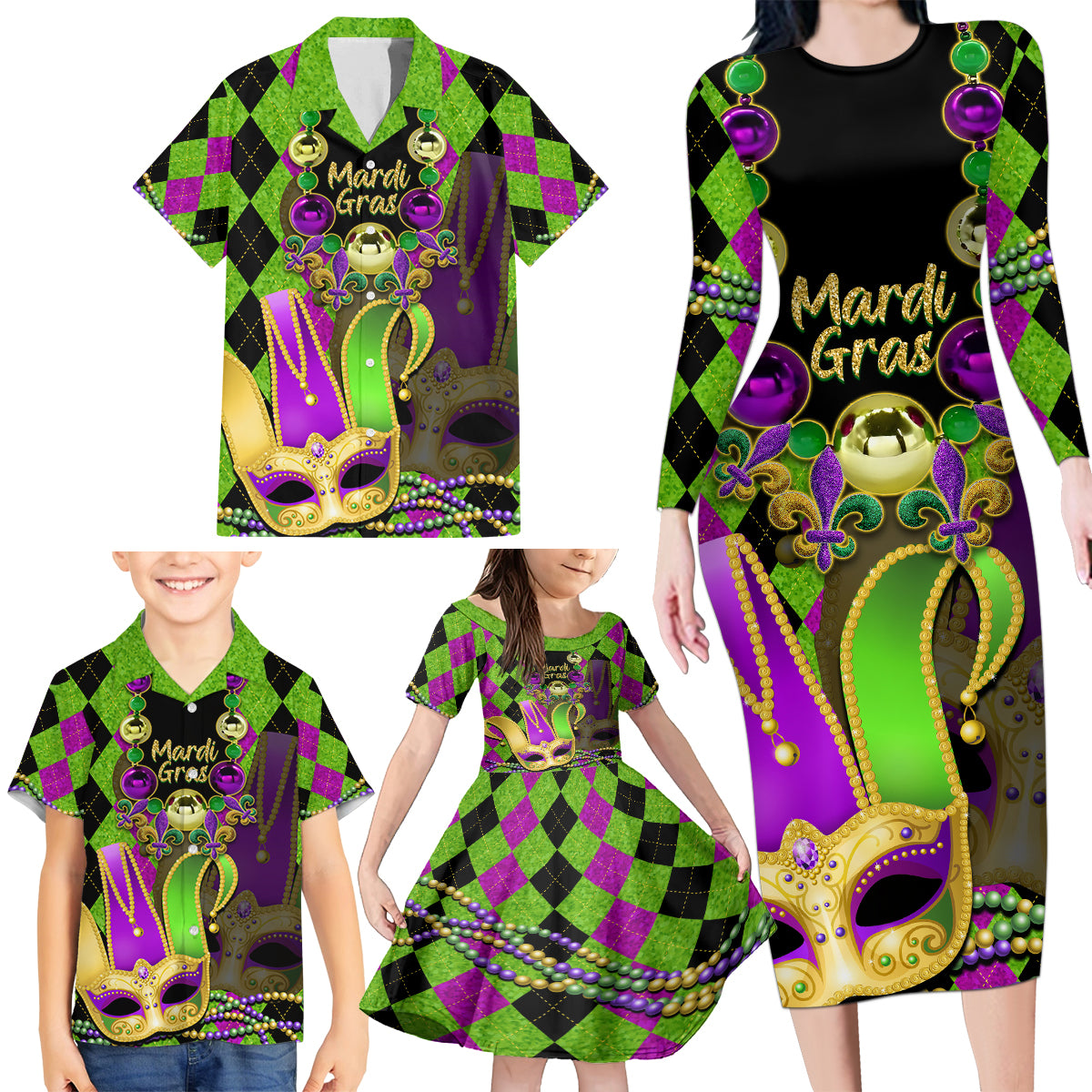 mardi-gras-2024-family-matching-long-sleeve-bodycon-dress-and-hawaiian-shirt-jester-mask-with-beads-colorful-version
