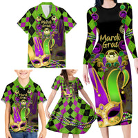 Mardi Gras 2024 Family Matching Long Sleeve Bodycon Dress and Hawaiian Shirt Jester Mask With Beads Colorful Version - Wonder Print Shop