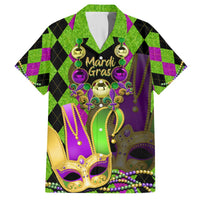 Green Mardi Gras jester-themed Hawaiian shirt with purple and gold mask graphic and beads