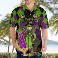 Green Hawaiian shirt with Mardi Gras text, gold jester mask, and purple bead details