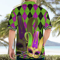 Green Hawaiian shirt back view with jester mask graphic and purple bead strand accents