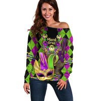 Mardi Gras 2024 Off Shoulder Sweater Jester Mask With Beads Colorful Version - Wonder Print Shop