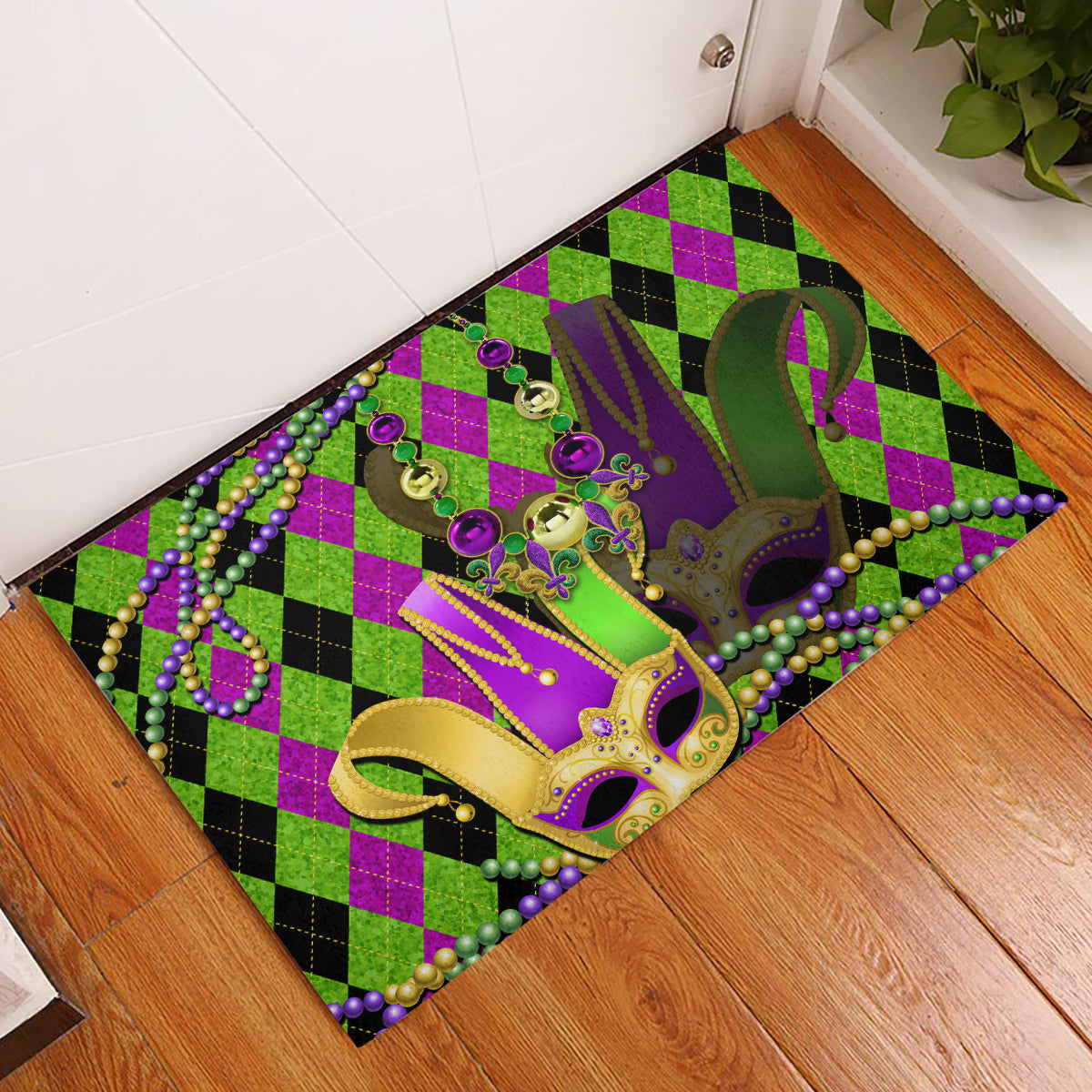 Mardi Gras 2024 Rubber Doormat Jester Mask With Beads Colorful Version