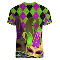Mardi Gras 2024 Women V Neck T Shirt Jester Mask With Beads Colorful Version - Wonder Print Shop
