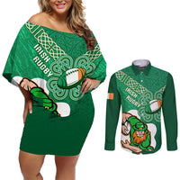 Custom Ireland Rugby Couples Matching Off Shoulder Short Dress and Long Sleeve Button Shirt 2024 Irish Shamrocks With Celtic Pattern - Wonder Print Shop