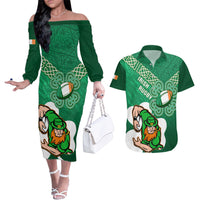 Custom Ireland Rugby Couples Matching Off The Shoulder Long Sleeve Dress and Hawaiian Shirt 2024 Irish Shamrocks With Celtic Pattern - Wonder Print Shop