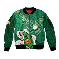 Custom Ireland Rugby Sleeve Zip Bomber Jacket 2024 Irish Shamrocks With Celtic Pattern - Wonder Print Shop