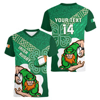 Custom Ireland Rugby Women V Neck T Shirt 2024 Irish Shamrocks With Celtic Pattern - Wonder Print Shop