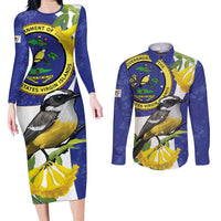 US Virgin Islands Couples Matching Long Sleeve Bodycon Dress and Long Sleeve Button Shirt Bananaquit Bird Mix Ginger Thomas Flower