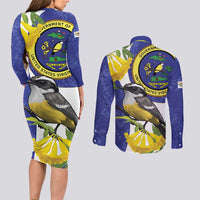 US Virgin Islands Couples Matching Long Sleeve Bodycon Dress and Long Sleeve Button Shirt Bananaquit Bird Mix Ginger Thomas Flower
