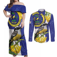 US Virgin Islands Couples Matching Off Shoulder Maxi Dress and Long Sleeve Button Shirt Bananaquit Bird Mix Ginger Thomas Flower