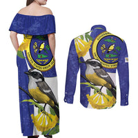 US Virgin Islands Couples Matching Off Shoulder Maxi Dress and Long Sleeve Button Shirt Bananaquit Bird Mix Ginger Thomas Flower