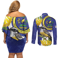 US Virgin Islands Couples Matching Off Shoulder Short Dress and Long Sleeve Button Shirt Bananaquit Bird Mix Ginger Thomas Flower
