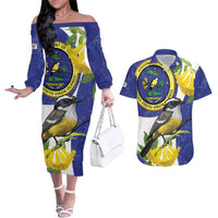 US Virgin Islands Couples Matching Off The Shoulder Long Sleeve Dress and Hawaiian Shirt Bananaquit Bird Mix Ginger Thomas Flower