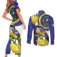 US Virgin Islands Couples Matching Short Sleeve Bodycon Dress and Long Sleeve Button Shirt Bananaquit Bird Mix Ginger Thomas Flower