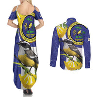 US Virgin Islands Couples Matching Summer Maxi Dress and Long Sleeve Button Shirt Bananaquit Bird Mix Ginger Thomas Flower