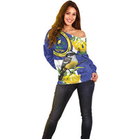 US Virgin Islands Off Shoulder Sweater Bananaquit Bird Mix Ginger Thomas Flower - Wonder Print Shop