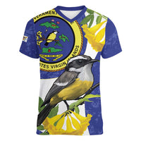 US Virgin Islands Women V-Neck T-Shirt Bananaquit Bird Mix Ginger Thomas Flower - Wonder Print Shop