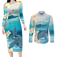 US Virgin Islands St Croix Couples Matching Long Sleeve Bodycon Dress and Long Sleeve Button Shirt Twin City Leatherback With Plumeria