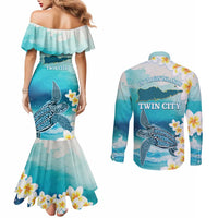 US Virgin Islands St Croix Couples Matching Mermaid Dress and Long Sleeve Button Shirt Twin City Leatherback With Plumeria