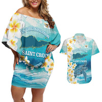 US Virgin Islands St Croix Couples Matching Off Shoulder Short Dress and Hawaiian Shirt Twin City Leatherback With Plumeria